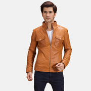 Voltex Camel Veste Motard en Cuir pour Homme in Tan Brown Sheepskin Leather - Vue de face &amp; silhouette ajustée | Acheter en ligne
