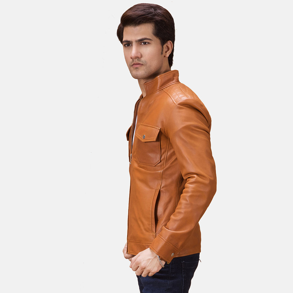 Tan Brown Sheepskin Leather Biker Jacket - Vue de dos avec coupe ajustée aux épaules &amp; ourlet soigné