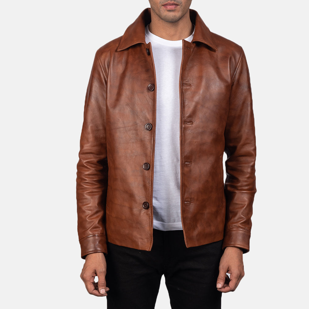 Waffle Marron Veste en Cuir pour Homme in Distressed Brown Sheepskin Burnishing - Vue de face &amp; silhouette ajustée | Acheter en ligne