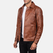 Distressed Brown Sheepskin Burnishing Leather Jacket - Vue de dos avec coupe ajustée aux épaules &amp; ourlet soigné