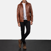 Vue détaillée of Shirt &amp; Button Hardware on Waffle Marron Veste en Cuir pour Homme