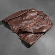 Buttoned &amp; Hem Craftsmanship Construction Detail on Waffle Marron Veste en Cuir pour Homme