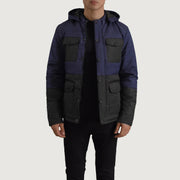 
Wayne Noir & Bleu Hooded Puffer Veste en Cuir pour Homme in Black + Blue Full-Grain Leather - Vue de face & silhouette ajustée | Acheter en ligne