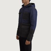 
Black + Blue Full-Grain Leather Hooded Jacket - Vue arrière montrant la carrure ajustée et l'ourlet net