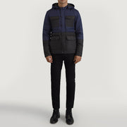 
Wayne Noir & Bleu Hooded Puffer Veste en Cuir pour Homme - Vue de profil mettant en valeur la coupe de manche ergonomique