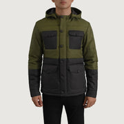 
Vue détaillée of Classic Collar & Heavy-Duty Zipper Hardware on Wayne Noir & Vert Hooded Puffer Veste en Cuir pour Homme