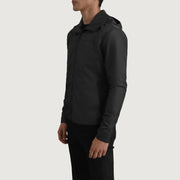 
Black Full-Grain Leather Hooded Jacket - Vue arrière montrant la carrure ajustée et l'ourlet net