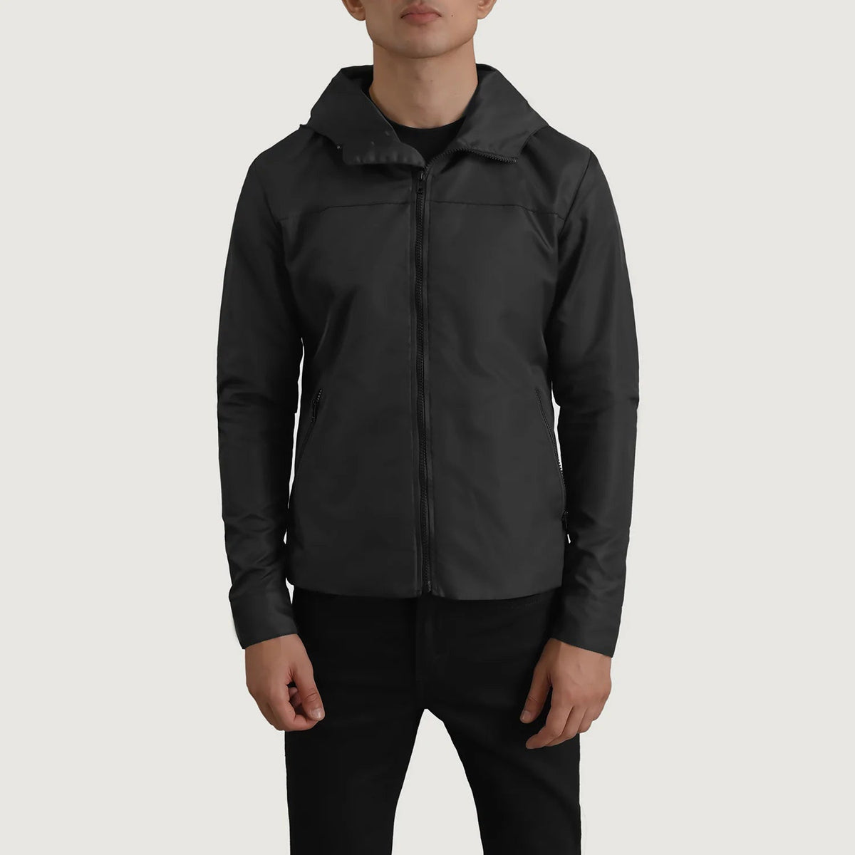 
Vue détaillée of Classic Collar & Zipper With Inside Wind Flap. Hardware on Wesley Noir Hooded Windbreaker Veste en Cuir pour Homme