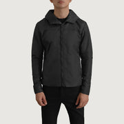 
Vue détaillée of Classic Collar & Zipper With Inside Wind Flap. Hardware on Wesley Noir Hooded Windbreaker Veste en Cuir pour Homme