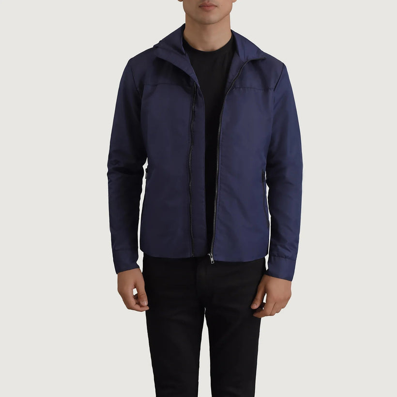 Wesley Bleu Hooded Windbreaker Veste en Cuir pour Homme
