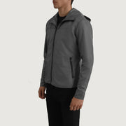
Grey Full-Grain Leather Hooded Jacket - Vue arrière montrant la carrure ajustée et l'ourlet net