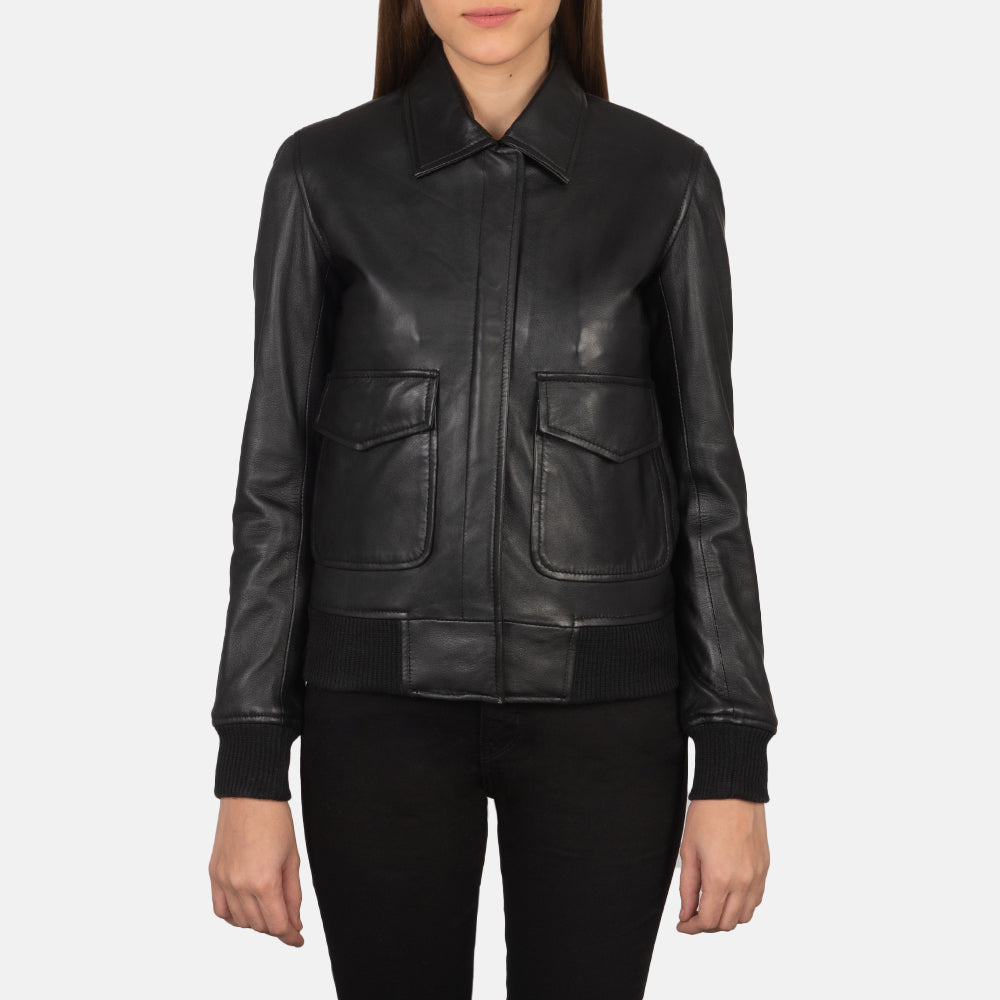 Vue détaillée of Shirt &amp; Zipper with Button Flap Hardware on Women's Westa A-2 Black Leather Bomber Jacket