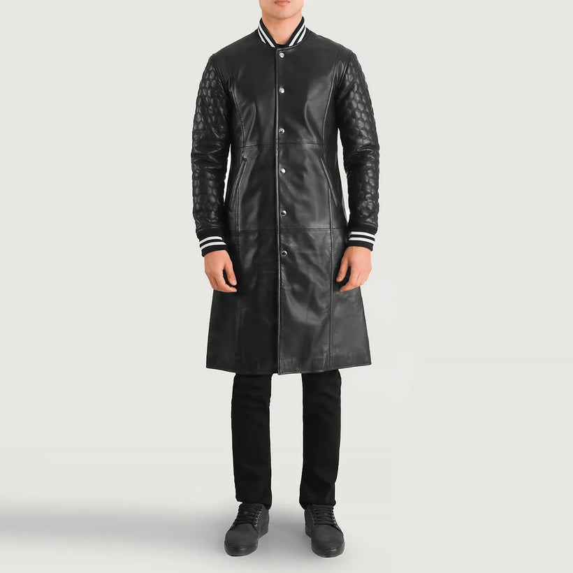 Wilde Noir Leather Varsity Manteau en Cuir pour Homme