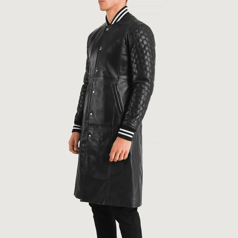 Wilde Noir Leather Varsity Manteau en Cuir pour Homme