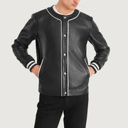 Vue détaillée of Collarless &amp; Snap Button Buttons Hardware on Willis Black Leather Varsity Jacket