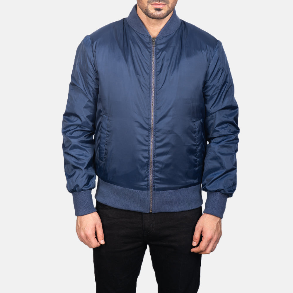 
Vue détaillée of Varsity & Zipper Hardware on Zack Bleu Blouson Bombardier en Cuir pour Homme