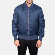 
Vue détaillée of Varsity & Zipper Hardware on Zack Bleu Blouson Bombardier en Cuir pour Homme