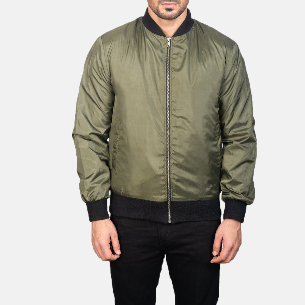 Vue détaillée of Varsity &amp; Zipper Hardware on Men's Zack Vert Blouson Bomber en Cuir pour Homme