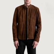 Zen Marron Suede Veste Motard en Cuir pour Homme in Brown Goatskin Suede - Vue de face &amp; silhouette ajustée | Acheter en ligne