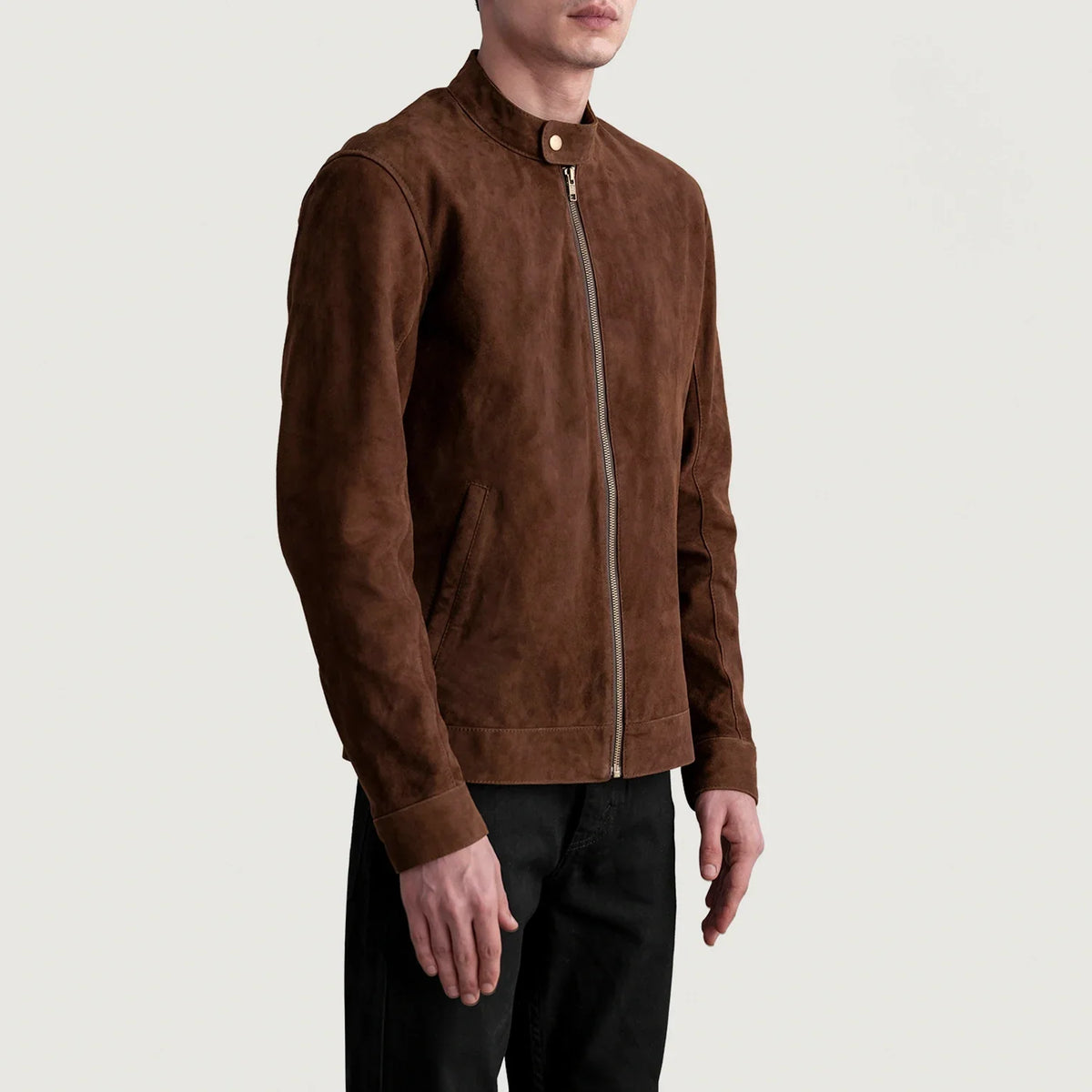 Brown Goatskin Suede Biker Jacket - Vue de dos avec coupe ajustée aux épaules &amp; ourlet soigné