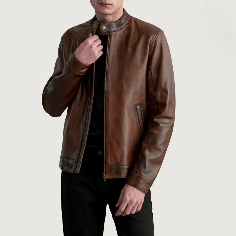Zen Marron Vieilli Veste Motard en Cuir pour Homme