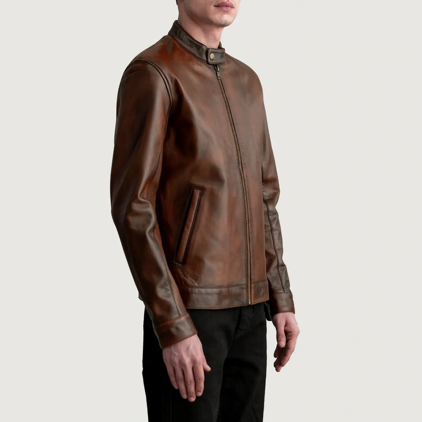Zen Marron Vieilli Veste Motard en Cuir pour Homme
