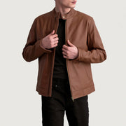 Zen Matte Marron Veste Motard en Cuir pour Homme in Matte Brown Cowhide Leather - Vue de face &amp; silhouette ajustée | Acheter en ligne