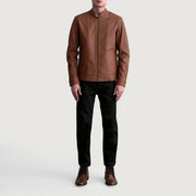 Vue détaillée of Snap Button &amp; Zipper Hardware on Zen Matte Marron Veste Motard en Cuir pour Homme